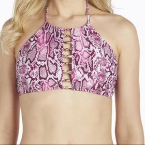 Bebé pink python print halter bikini top.
